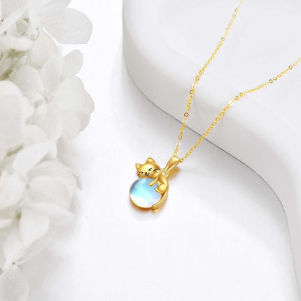 14K Gold Moonstone Cat Necklace - Adorable Kitty Pendant with 16 Chain for Happiness & Joy