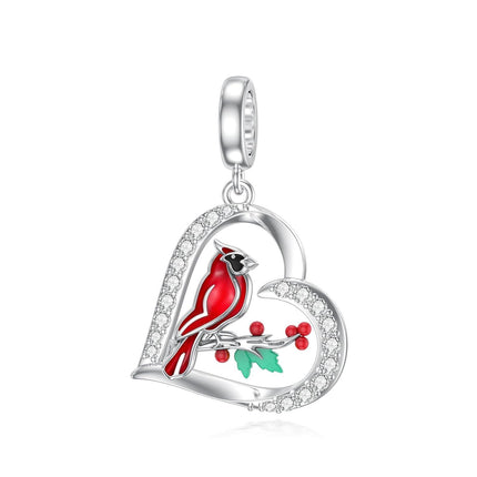 925 Sterling Silver Heart-Shaped Pendant with Red Cardinal and Berries Design for Bracelets or Necklaces