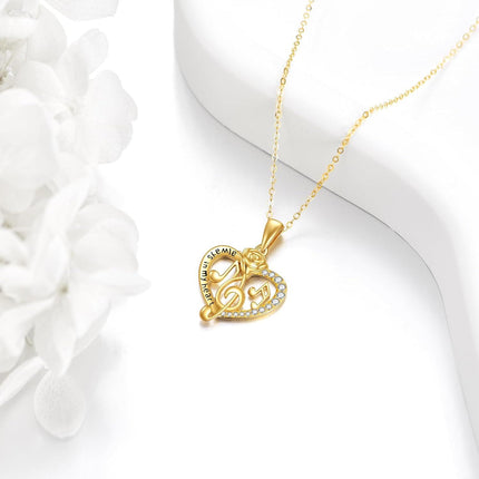 14K Gold Heart Rose Musical Notes Pendant Necklace with Cubic Zirconia for Women Girls Mother's Day Gift