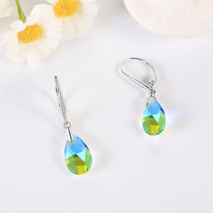 925 Sterling Silver Teardrop Purple Blue Aurora Borealis Crystals Leverback Earrings