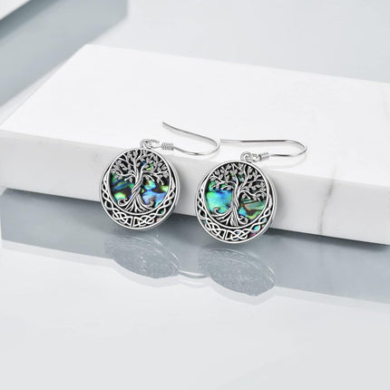 925 Sterling Silver Abalone Shell Celtic Tree Of Life Drop Earrings