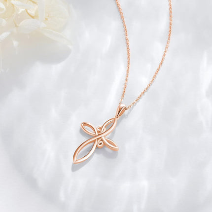 14K Rose Gold Celtic Knot Cross Pendant Necklace for Women with Chain - Length: 37cm (Adjustable)