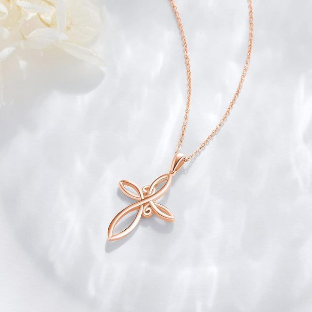14K Rose Gold Celtic Knot Cross Pendant Necklace for Women with Chain - Length: 37cm (Adjustable)