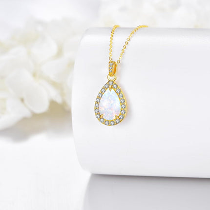 14K Gold White Opal Teardrop Pendant Necklace with Cubic Zirconia Accents for Women - Elegant s