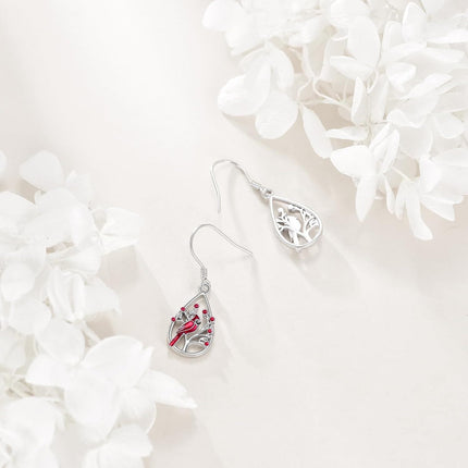925 Sterling Silver Cardinal Bird Tree Branch Drop Earrings with Red Enamel and Crystal Accents for Women