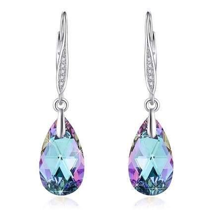925 Sterling Silver Teardrop Purple Blue Aurora Borealis Crystals Leverback Earrings