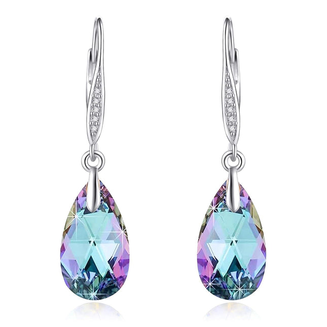 925 Sterling Silver Teardrop Purple Blue Aurora Borealis Crystals Leverback Earrings