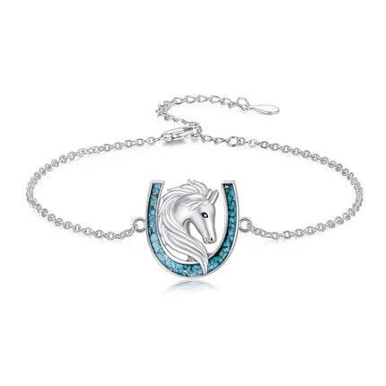 925 Sterling Silver Horse Head & Turquoise Inlay Horseshoe Charm Bracelet for Women