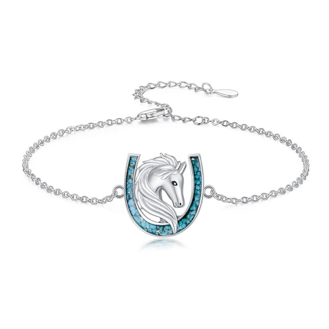 925 Sterling Silver Horse Head & Turquoise Inlay Horseshoe Charm Bracelet for Women