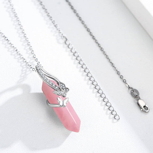 925 Sterling Silver Pink Rose Quartz Amethyst Butterfly Pendant Necklace