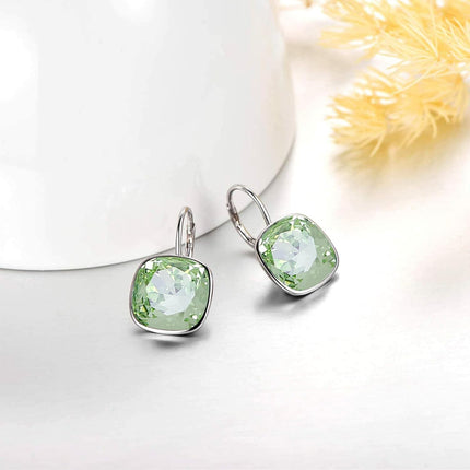 925 Sterling Silver Green Cushion Cut Austrian Crystal Leverback Earrings Hypoallergenic Gift for Her