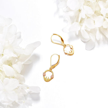 14K Gold Tulip Flower Leverback Earrings for Women