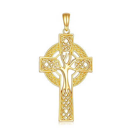 14K Gold Celtic Tree of Life Cross Pendant Necklace - Religious  for Men & Women