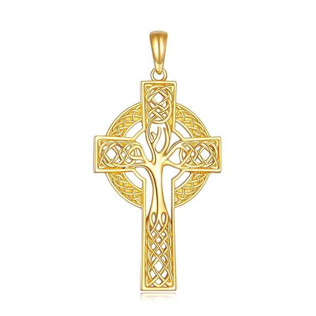 14K Gold Celtic Tree of Life Cross Pendant Necklace - Religious  for Men & Women