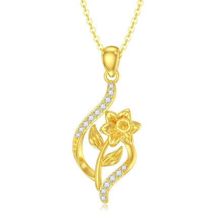 14K Gold Floral Pendant Necklace with Cubic Zirconia and Chain - Birthday s for Her