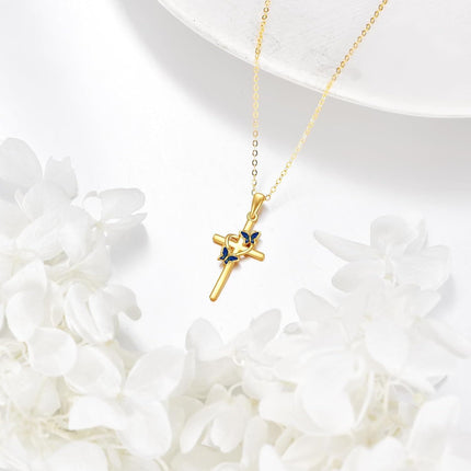 14K Gold Cross Butterfly Pendant Necklace for Women Blue Enamel