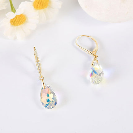 925 Sterling Silver Teardrop Purple Blue Aurora Borealis Crystals Leverback Earrings
