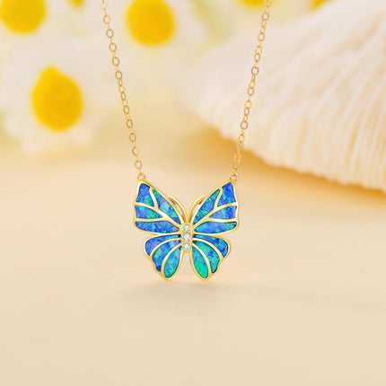 14K Gold Blue Opal Butterfly Pendant Necklaces for Women Minimalist s