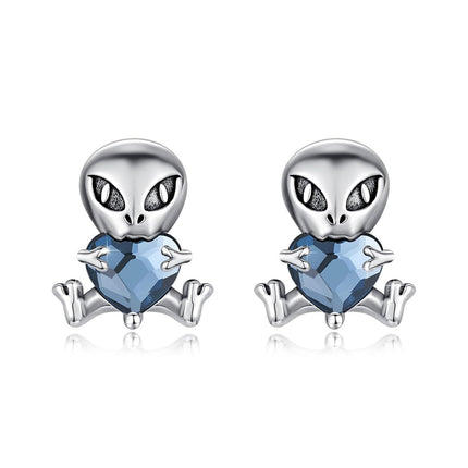 925 Sterling Silver Blue Heart Alien Stud Earrings for Women Girls