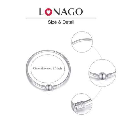 925 Sterling Silver Snake Charm Bead Bracelet with Snap Clasp for Women