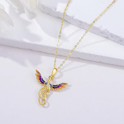 14K Gold Enamel Phoenix Pendant Necklace with Stones - Unique Nirvana Bird s for Her