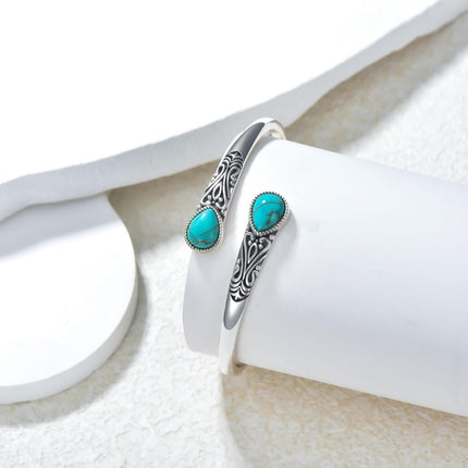 925 Sterling Silver Turquoise Gemstone Carved Adjustable Bohemian Cuff Bracelet