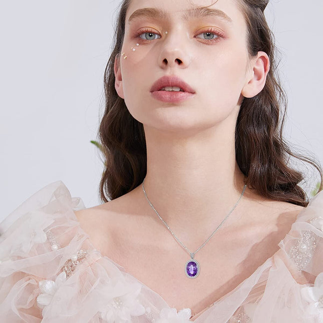 925 Sterling Silver & Sparkling Purple Amethyst Crystal Pendant Necklace - 18 Cable Chain, Hypoallergenic, Gift for Women