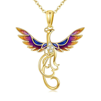 14K Gold Enamel Phoenix Pendant Necklace with Stones - Unique Nirvana Bird s for Her