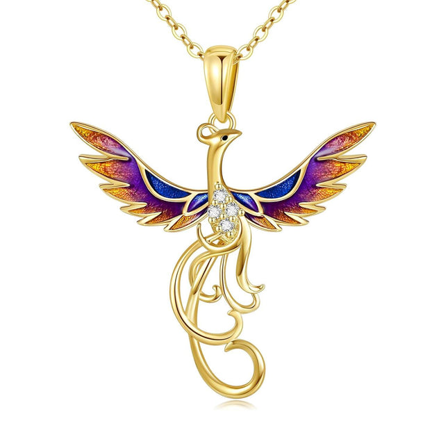 14K Gold Enamel Phoenix Pendant Necklace with Stones - Unique Nirvana Bird s for Her