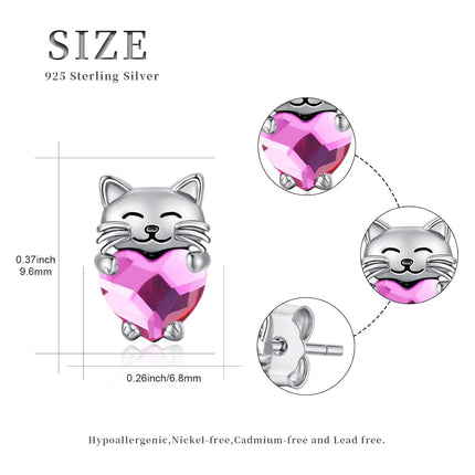925 Sterling Silver Pink Heart Cat Stud Earrings - Adorable Kitty  for Girls & Women
