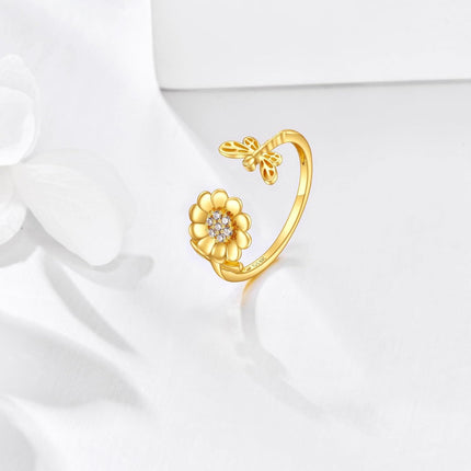 14K Gold Adjustable Bee and Daisy Flower Open Ring  for Women Her