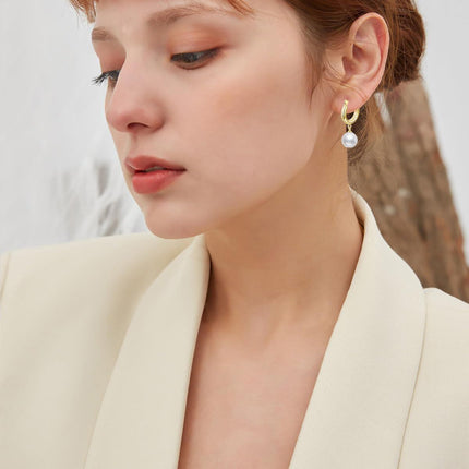 14K Gold Freshwater Cultured Pearl 3mm Huggie Hoop Earrings with Snake Shape Pendant