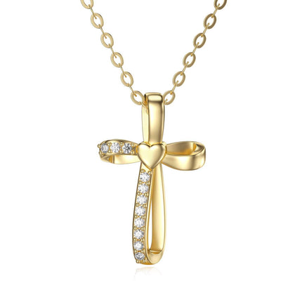 14K Gold Heart-Shaped Diamond Cross Pendant Necklace for Women Girls Faith s 17-39 Inches Adjustable Chain Length