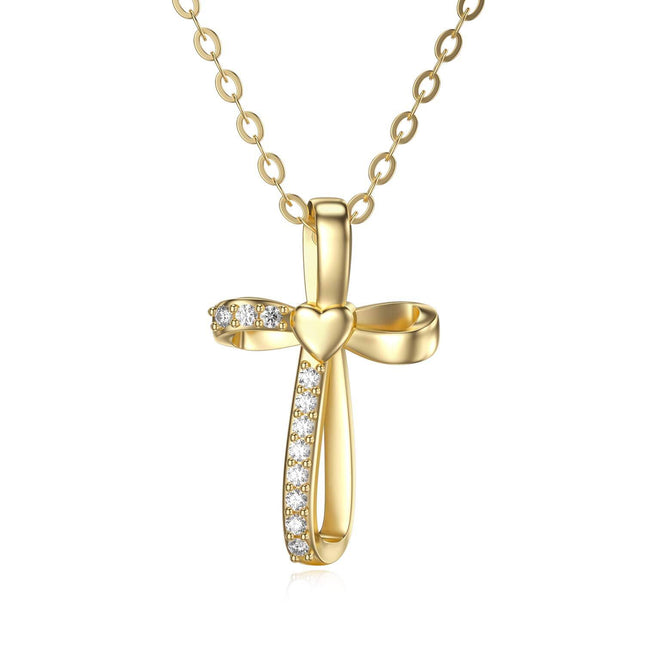 14K Gold Heart-Shaped Diamond Cross Pendant Necklace for Women Girls Faith s 17-39 Inches Adjustable Chain Length