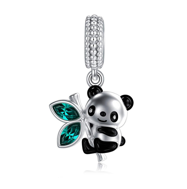 925 Sterling Silver & Austrian Crystal Cute Smiling Panda Eating Bamboo Charm for Bracelet Necklace Gift