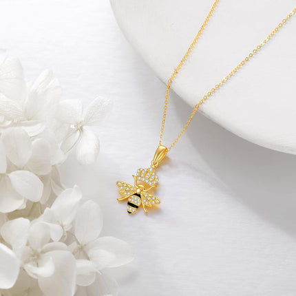 14K Gold Queen Bee Pendant Necklace with Crystal Crown and Honeycomb Design for Women's s