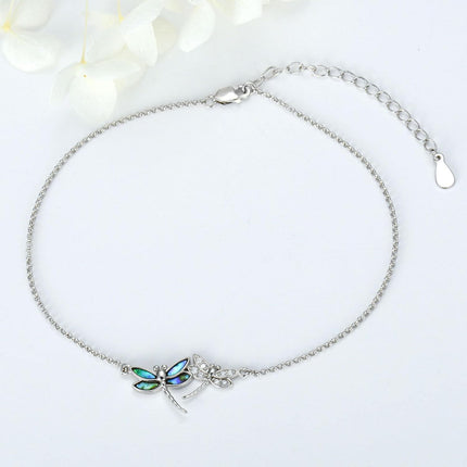 925 Sterling Silver Dragonfly Design Crystal Ankle Anklet - Adjustable Size