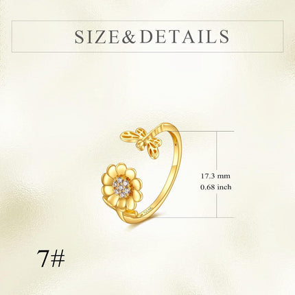 14K Gold Adjustable Bee and Daisy Flower Open Ring  for Women Her