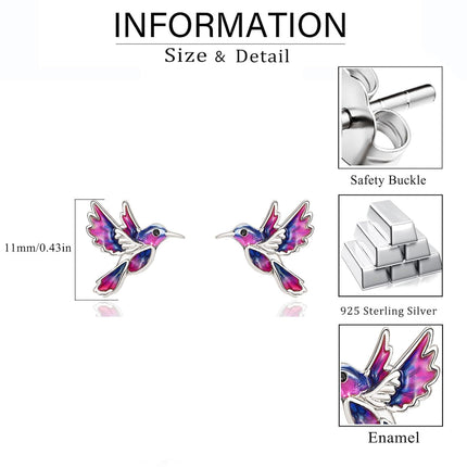 925 Sterling Silver Enamel Hummingbird Stud Earrings - Colorful Bird Gifts for Her