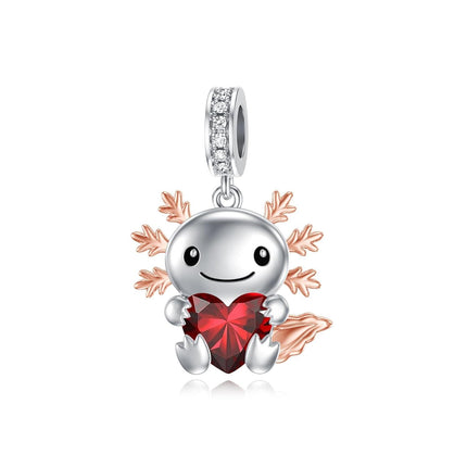 925 Sterling Silver Axolotl Charm with Red Heart Birthstone Bead for Bracelets Jewelry Making Gifts for Women
