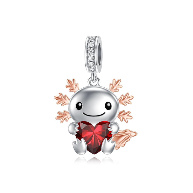 925 Sterling Silver Axolotl Charm with Red Heart Birthstone Bead for Bracelets Jewelry Making Gifts for Women
