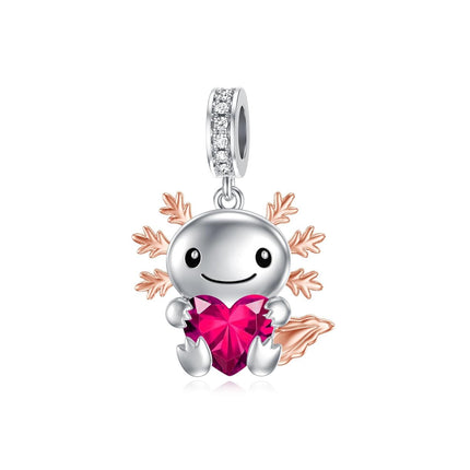 925 Sterling Silver Axolotl Charm with Pink Heart Birthstone Bead for Bracelets Jewelry Making Gifts for Women