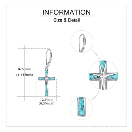 925 Sterling Silver Turquoise Stone Inlay Cross Dangle Leverback Earrings for Women