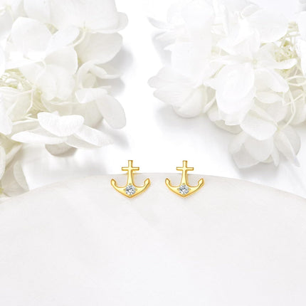 14K Gold Diamond Anchor Stud Earrings - Hypoallergenic for Her
