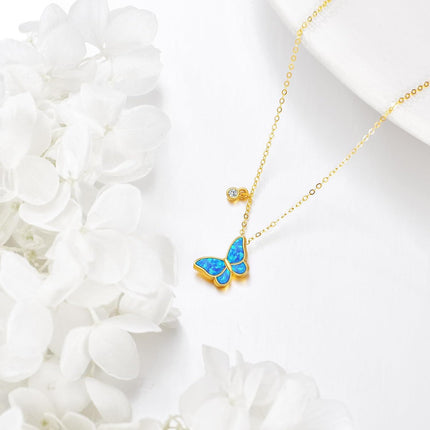 14K Gold Blue Opal Butterfly Charm Pendant Necklace for Women Girls