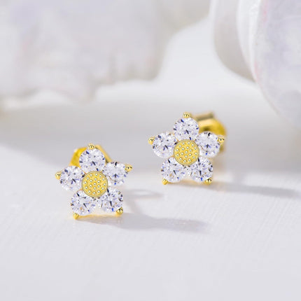 14K Gold Flower Diamond Stud Earrings - Gift for Her