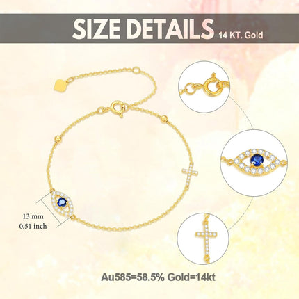 14K Gold Cross & Heart Charm Evil Eye Adjustable Bracelet (Size: S/M/L/XL)