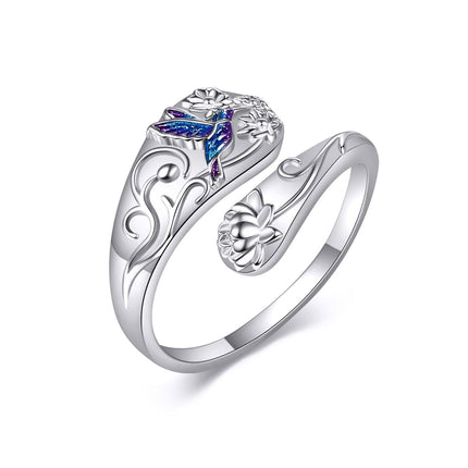 925 Sterling Silver Spoon Rings Hummingbird Shark Daisy Tree of Life Dragonfly Witches Knot Sea Turtle Adjustable Thumb Rings for Women Mother Birthday Gifts