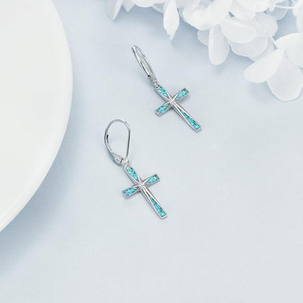 925 Sterling Silver Turquoise Stone Inlay Cross Dangle Leverback Earrings for Women
