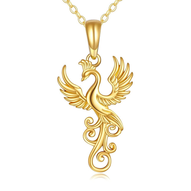 14K Gold Phoenix Pendant Necklace with Gemstone for Women